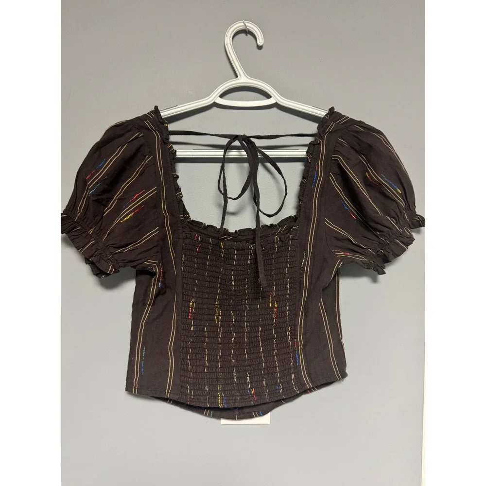 Free People Women's Seratonin XS Brown Striped Smocked Back Puff Sleeve Top‎ NWT